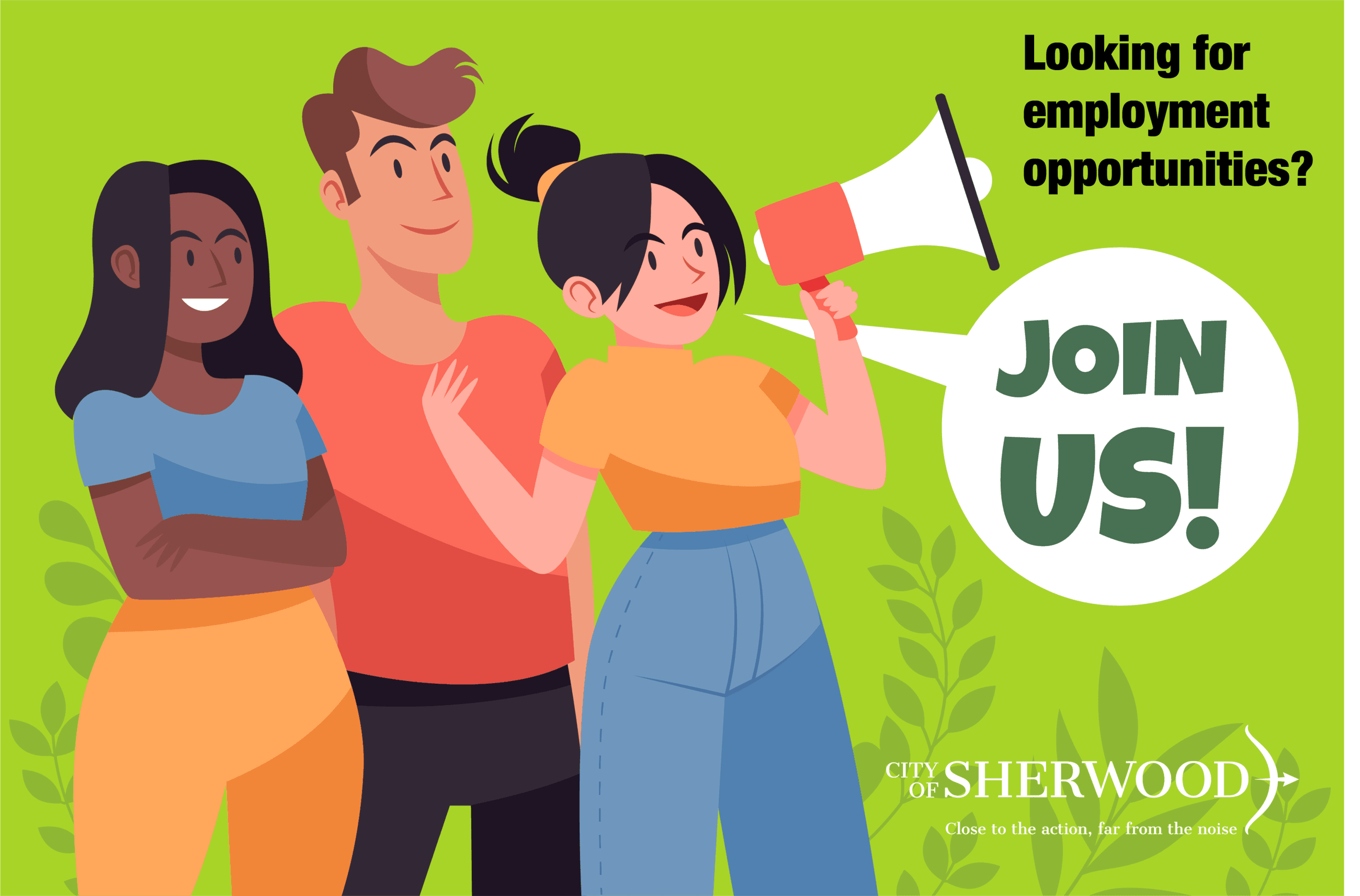 Image of three cartoon people with a bullhorn and the words Join Us