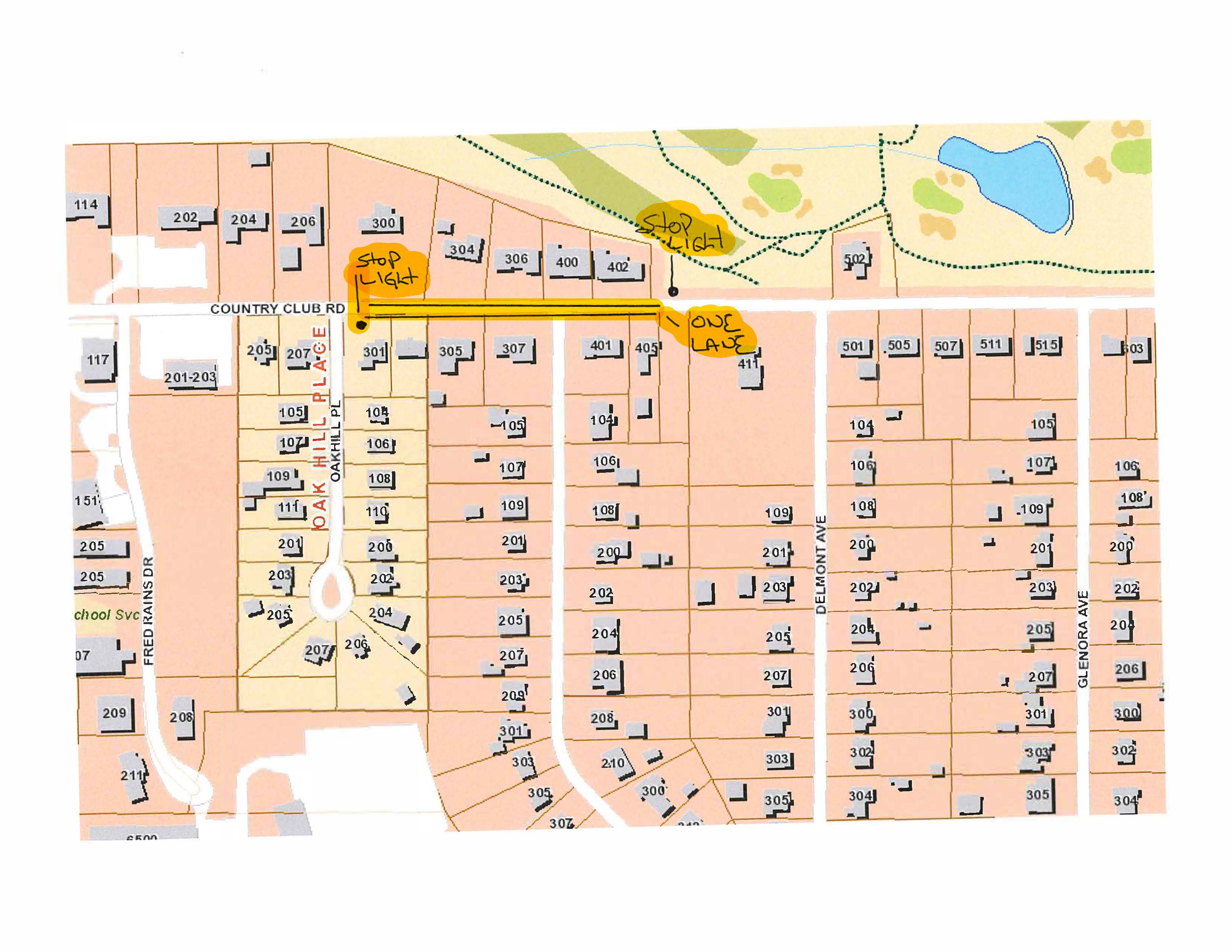 Image of map showing traffic lights  on Country Club road near Oakhill Place.