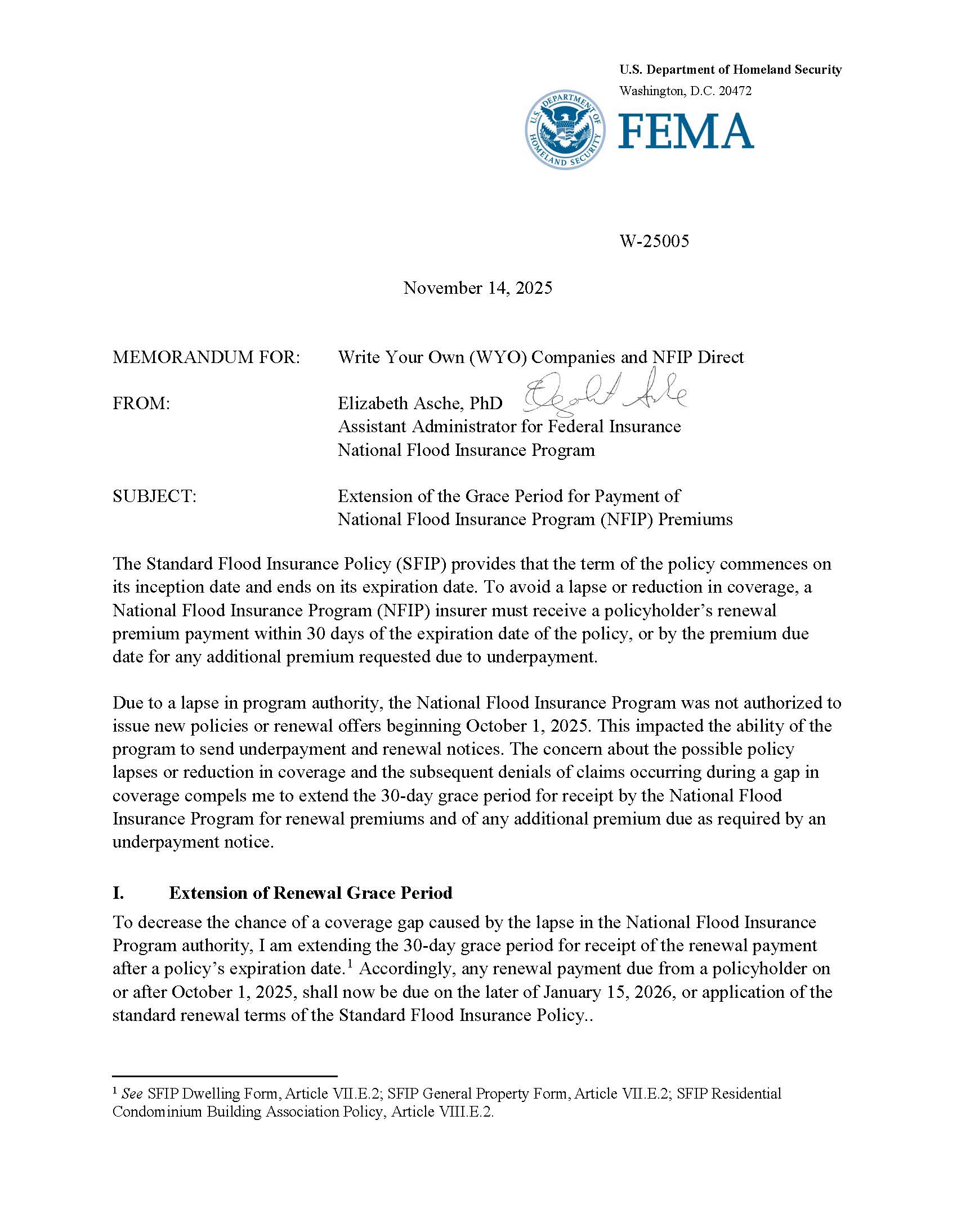 FEMA Bulletin W-25005 -  Extension of Premium Grace Period - Program Lapse (002)_Page_1